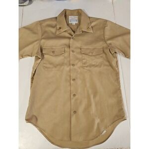 Vintage Creighton Mens Button Shirt Khaki Medium 15 - 15.5 70s US Navy Work Wear